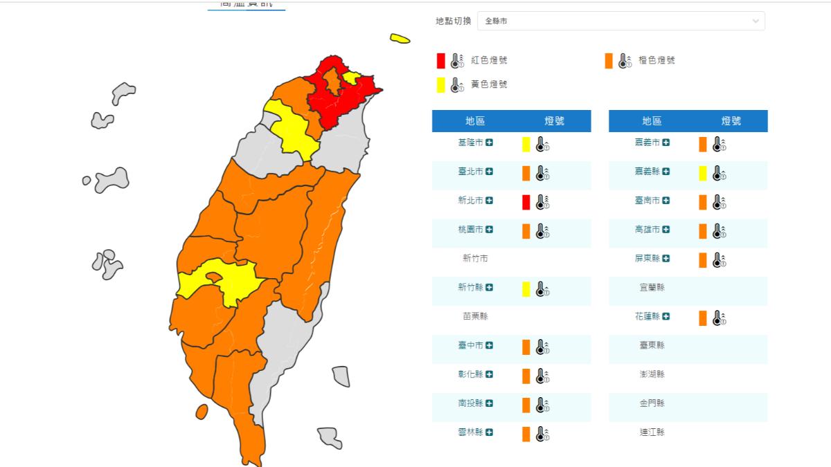 氣象署一早針對15縣市發布高溫燈號，其中新北市罕見列為紅色警示。(圖／氣象署提供)