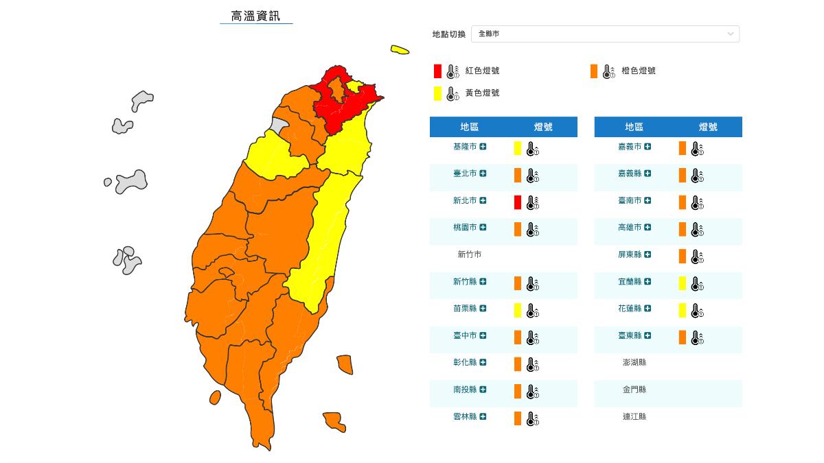 氣象署針對18縣市都發布了高溫燈號。（圖/氣象署）