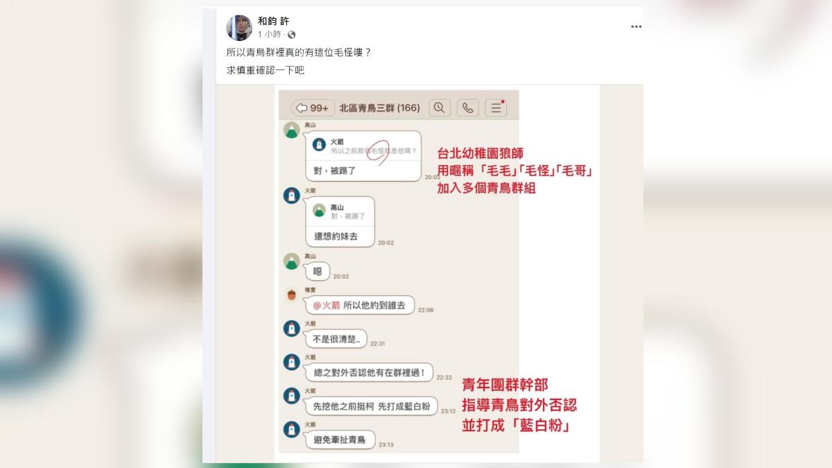 毛畯珅傳出曾參與青鳥活動。（圖／翻攝四叉貓臉書） 