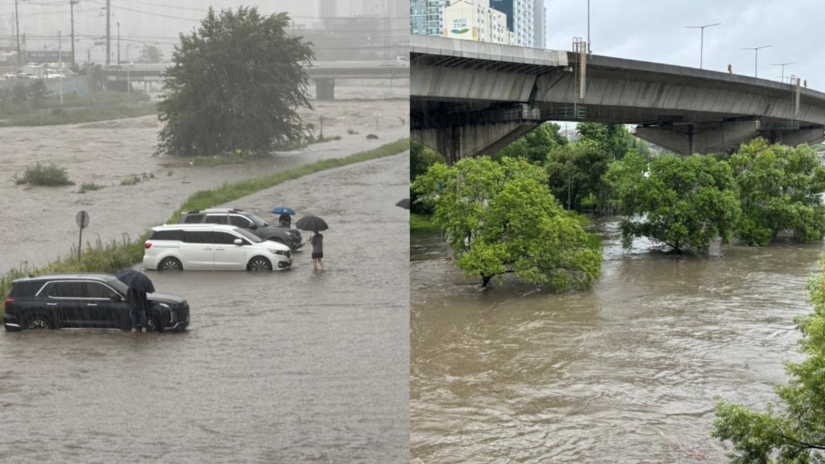 首爾、京畿道北部17日凌晨開始下大雨。（圖／翻攝自X@yonhaptweet、kindchong）