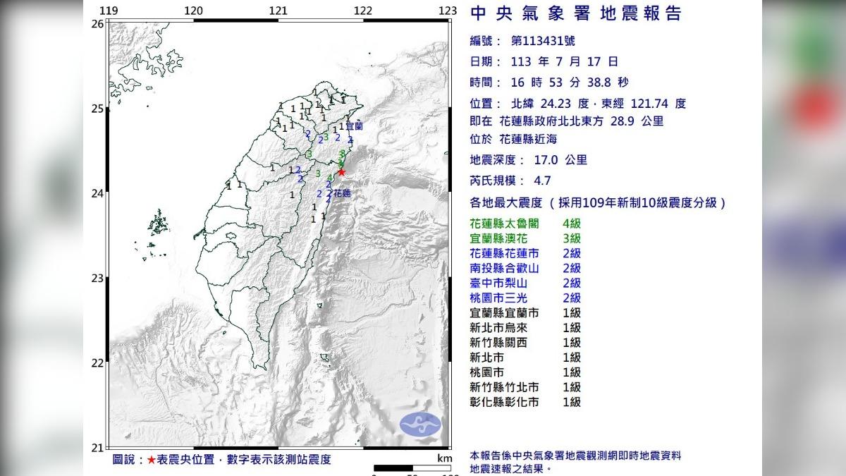 今（17）日下午4時53分花蓮縣近海發生規模4.7地震。（圖／中央氣象署）