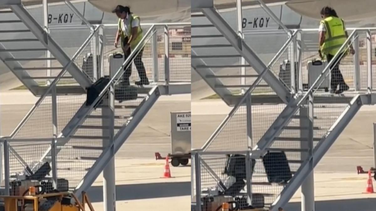 知名航空地勤將旅客行李仍下樓梯，影片瞬間引起撻伐。（圖／翻攝自TikTok）