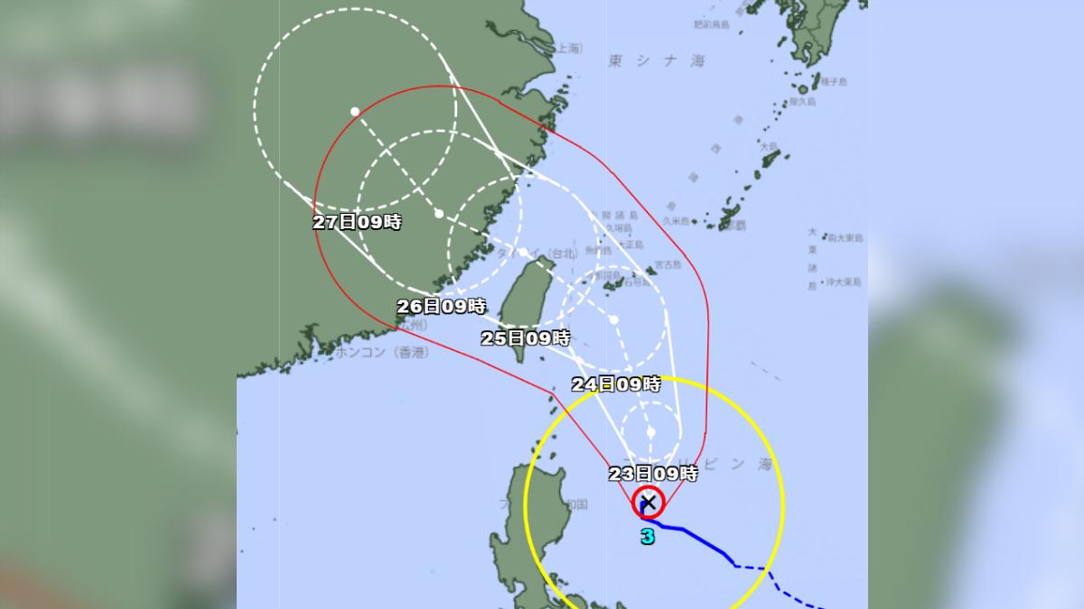 日本氣象廳公布凱米颱風最新路徑，25日恐登陸台灣。（圖／翻攝自日本氣象廳）