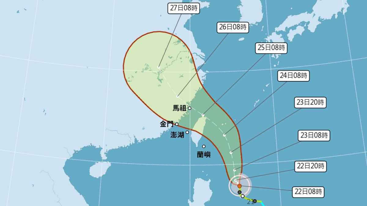 「凱米」颱風最新路徑朝台灣陸地修正。（圖／氣象署提供）