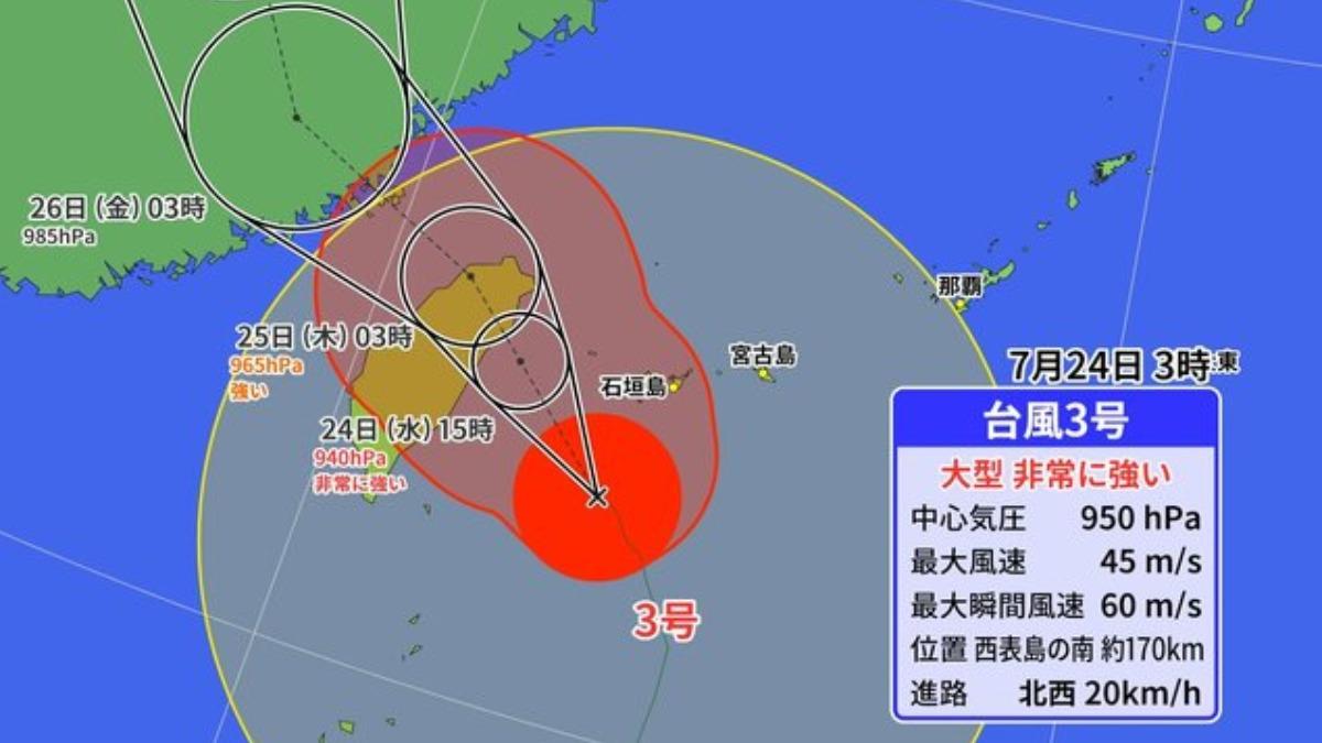 氣象廳預估，凱米可能在24日18時從宜蘭或花蓮登陸，瞬間最大風速可達每秒65公尺，屆時將達「強烈颱風」等級。（圖／翻攝自琉球放送）