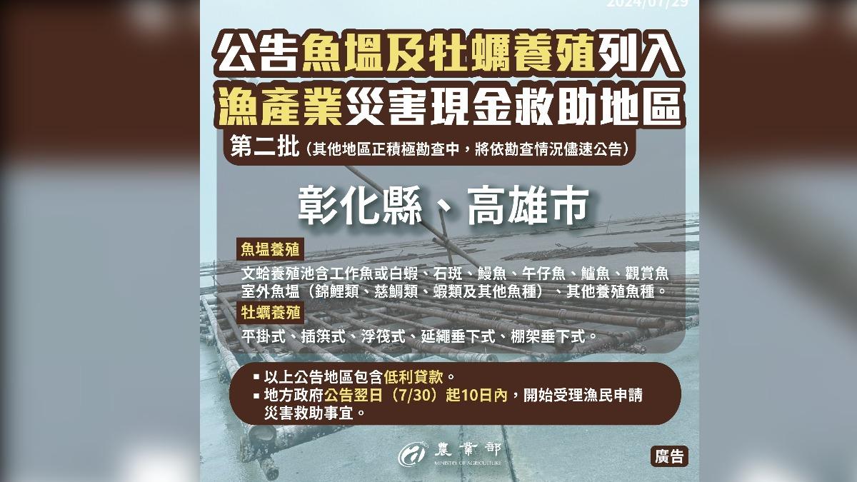 彰化、高雄為農業部列第二批「漁產業現金救助地區」。（圖／翻攝農業部）