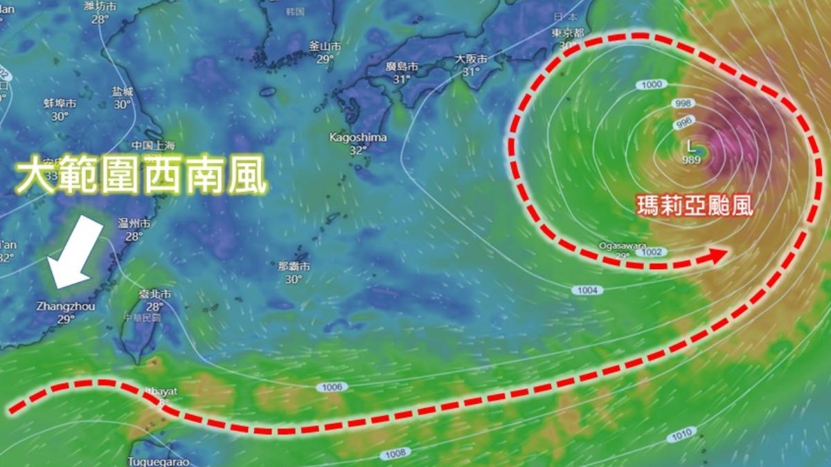 受到瑪莉亞颱風影響，西南風明顯增強。(圖／林老師氣象站)