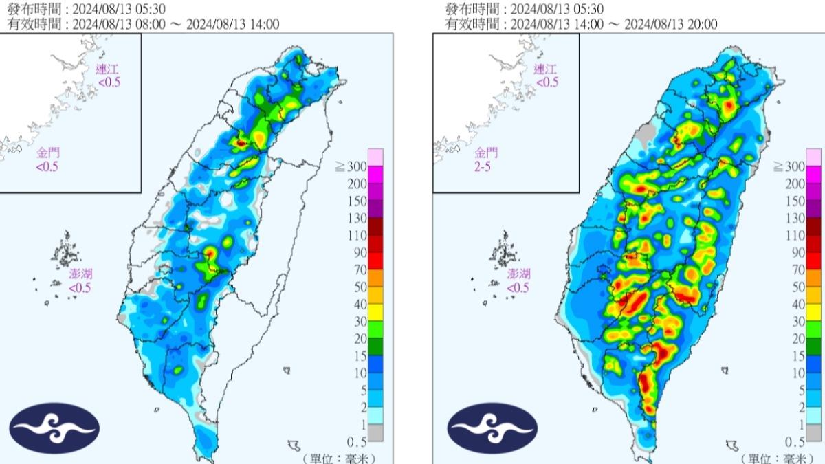 今日雨區預報圖。（翻攝中央氣象署官網）