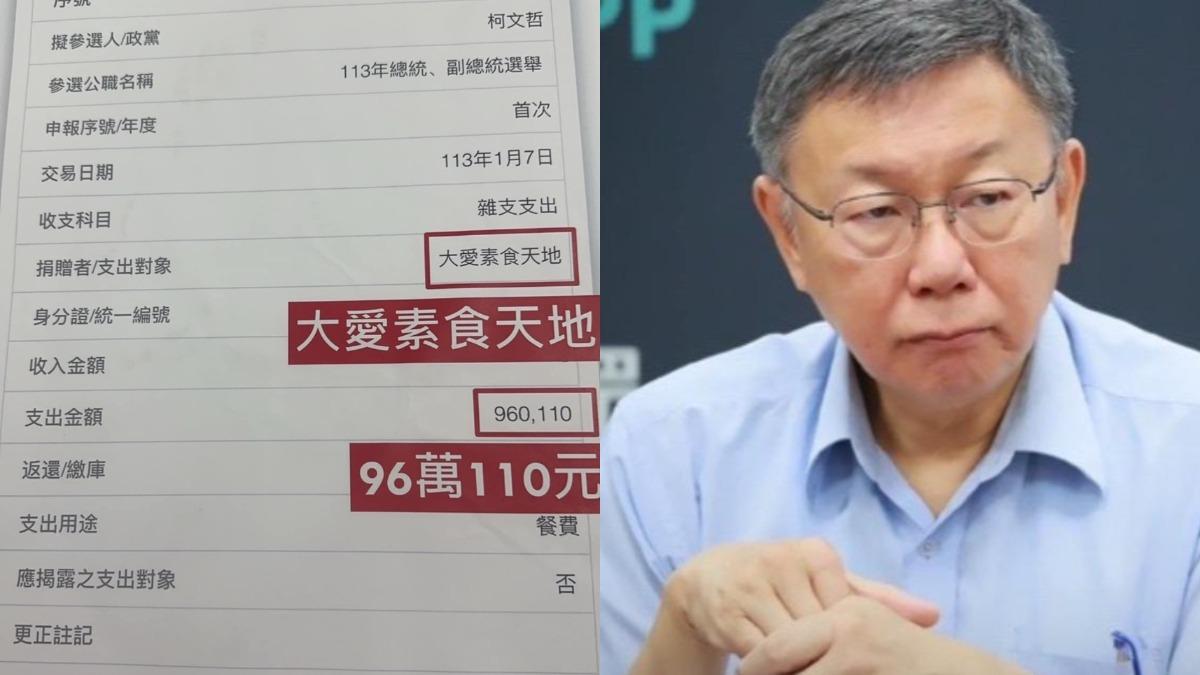 民進黨台北市議員林延鳳爆料，柯辦1月7日申報一筆96萬的素食餐廳「餐費」。  （圖／翻攝自林延鳳、柯文哲臉書）