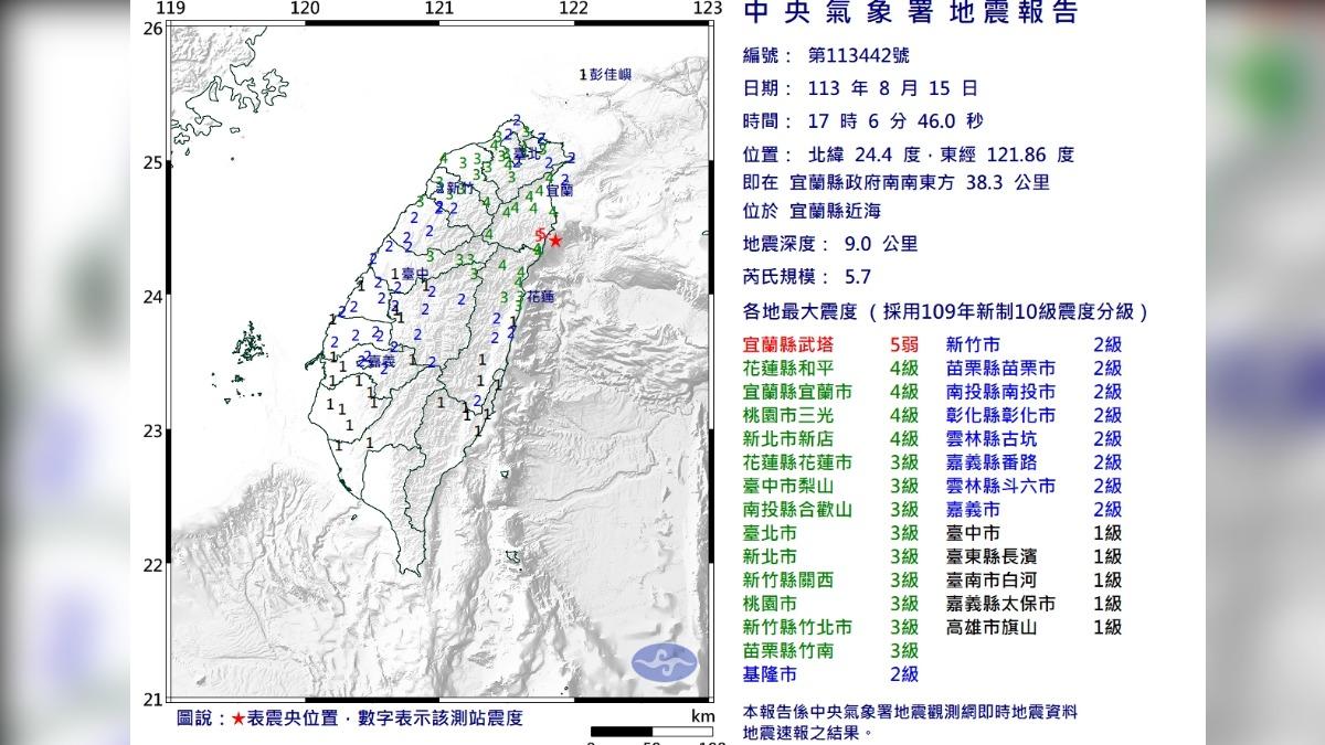 今（15）日下午5時6分發生規模5.7地震。（圖／氣象署提供）