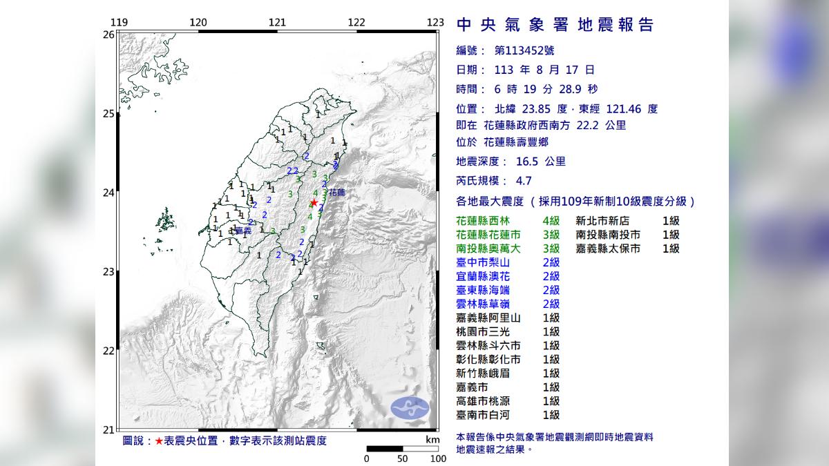 地震報告。（圖／中央氣象署）