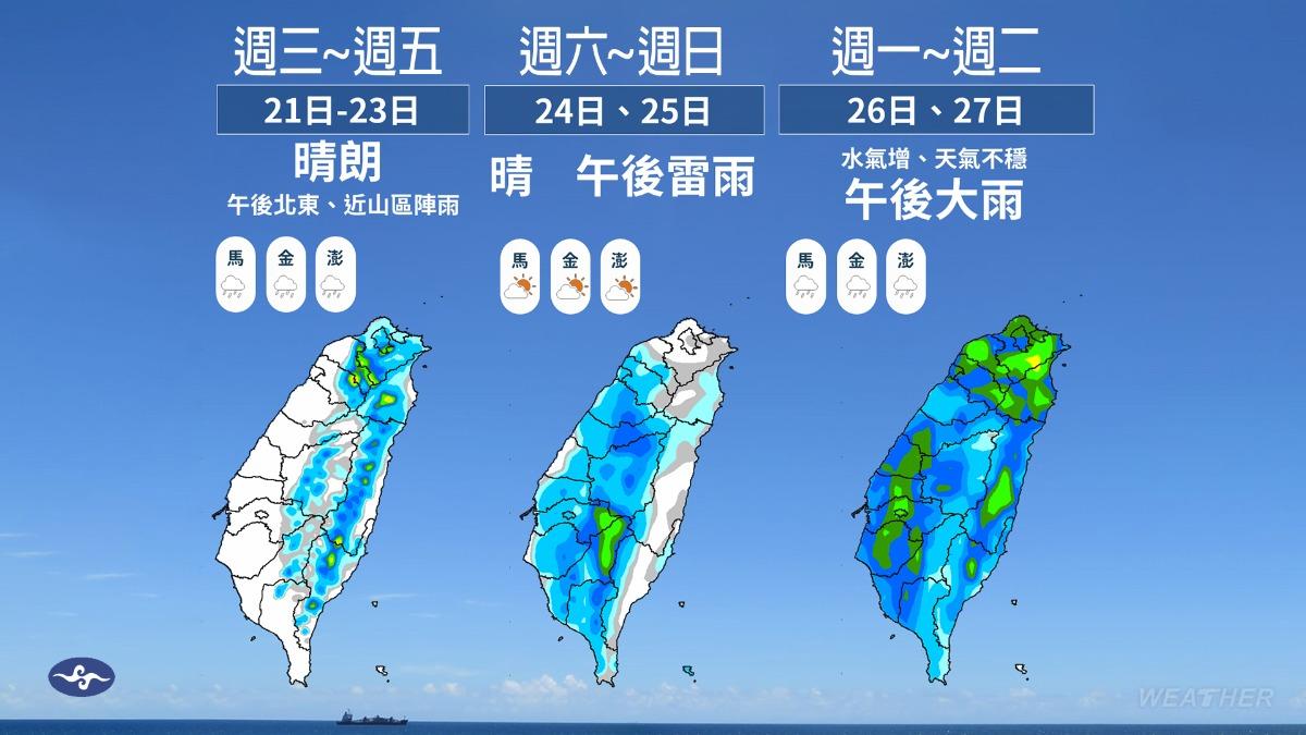 今（22）日北部、東半部地區仍有局部短暫雷陣雨。（圖／TVBS）