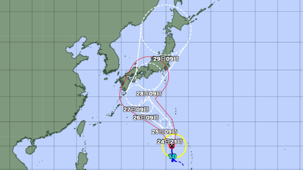 日本氣象廳最新路徑，顯示珊珊颱風下週恐貫穿日本。（圖／翻攝自日本氣象廳）