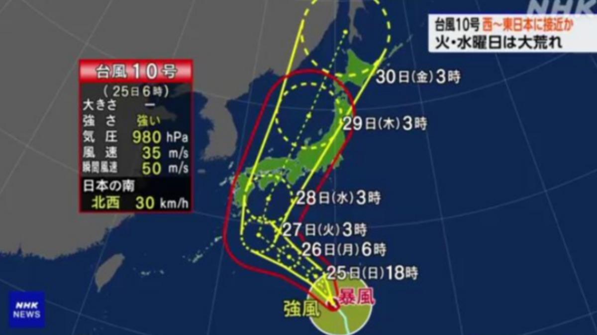 珊珊颱風高機率直撲日本，JR西、東海恐預防性停駛。（圖／擷取自NHK）