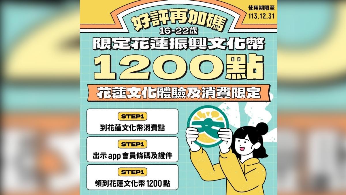 花蓮振興文化幣好評再加碼，文化部鼓勵青年朋友趁暑假尾聲衝一波花蓮。（圖／文化部提供）