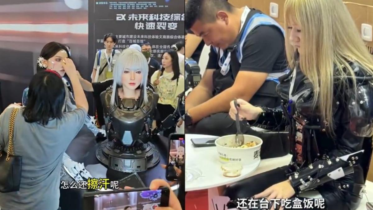 「美女機器人」要擦汗、吃飯。（圖／翻攝自X@whyyoutouzhele）