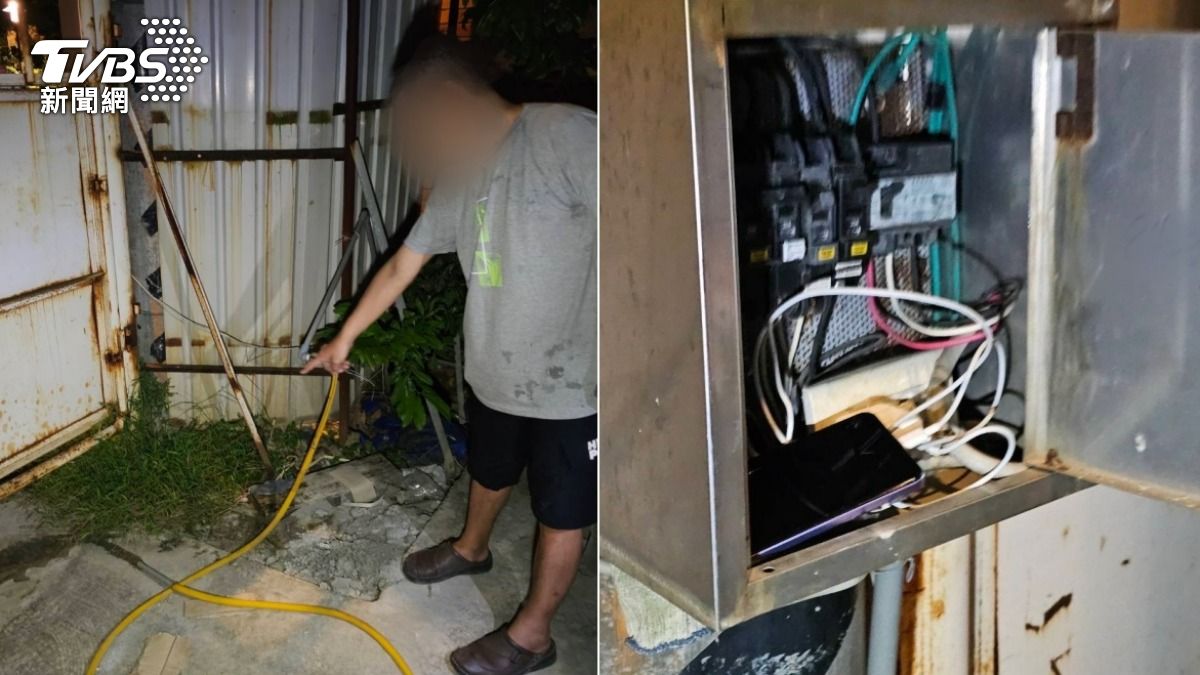 楊男闖入工地偷水洗澡，甚至竊電幫手機充電。（圖／TVBS）