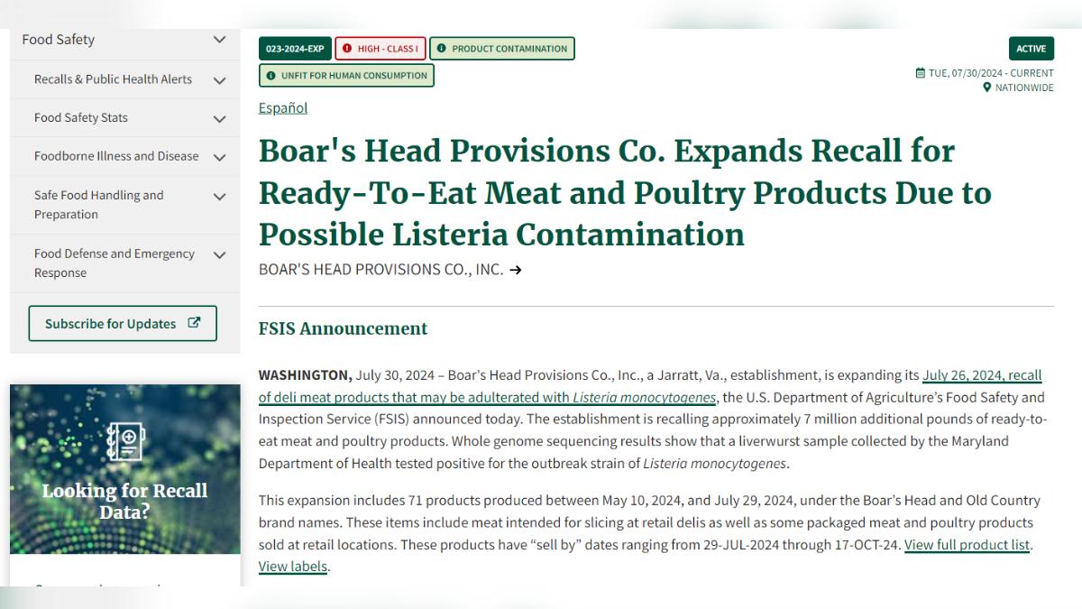 旗下熟食肉品發生李斯特菌汙染,美國食品廠「野豬頭」宣佈全面召回。(圖/翻攝自美國農業部)