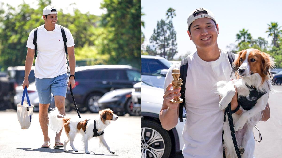 大谷本人29日特別帶著愛犬Decoy現身。（圖／翻攝自X@Dodgers）