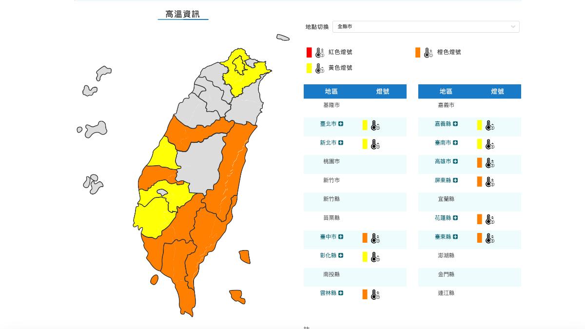 高溫狀況持續，氣象署針對11縣市發布高溫燈號。（圖／氣象署）