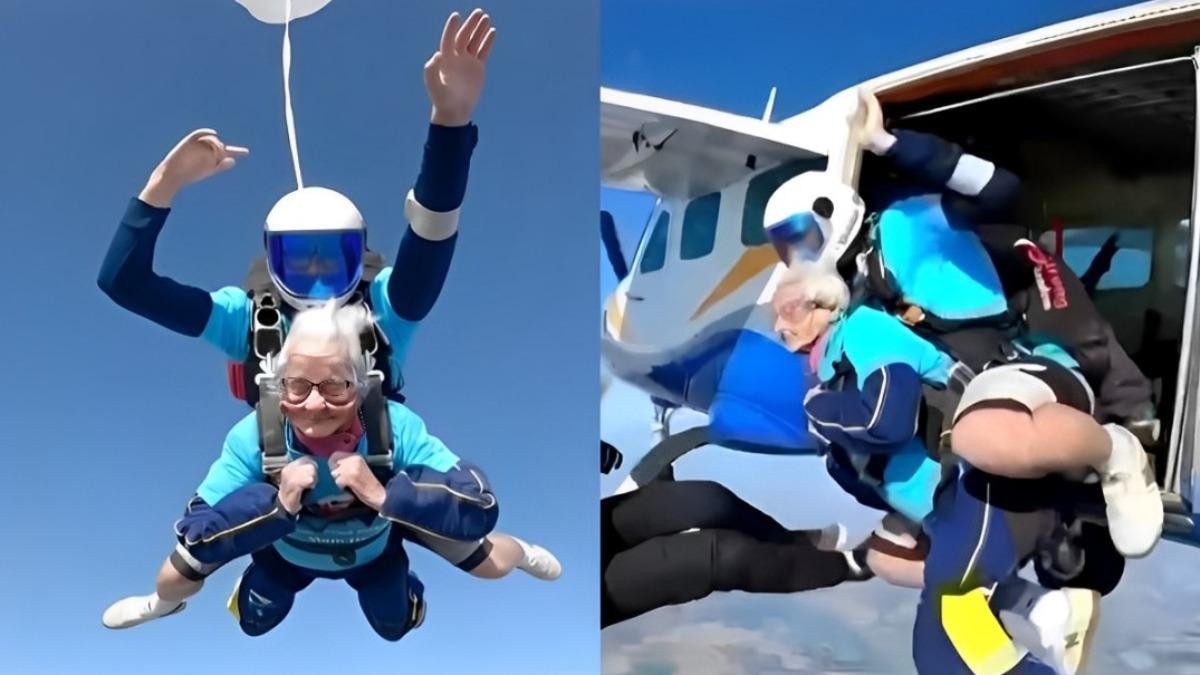 英國102歲人瑞用高空跳傘來慶生。（圖／翻攝自CCTV IG）