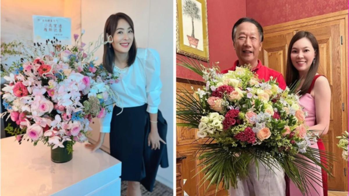 賈永婕（左圖）上任101董事長，收到郭台銘、曾馨瑩夫婦（右圖）送的花禮。（圖／翻攝賈永婕臉書、曾馨瑩IG）