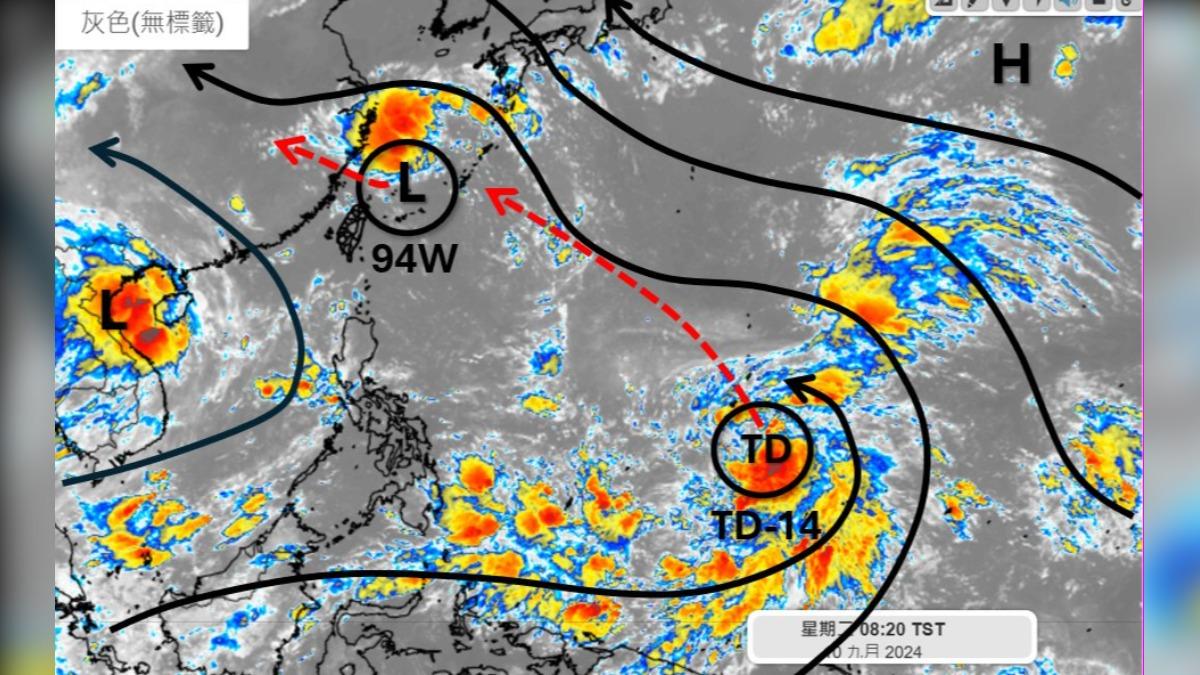 熱帶低壓TD14未來24小時內有機會增強為今年第13號颱風貝碧佳。（圖／翻攝臉書 天氣職人-吳聖宇）