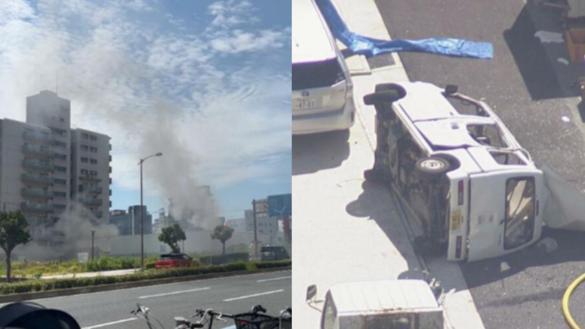 大阪建物爆炸發出2聲巨響，轎車炸飛路邊，已知4人傷。（組圖／翻攝自TBS）