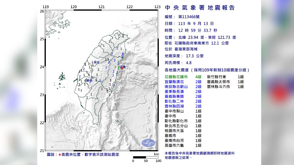 14縣市有感！12:59東部海域4.8地震　最大震度4級