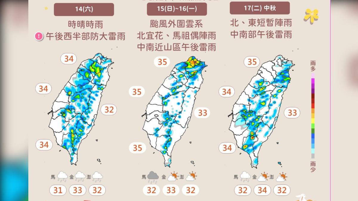 受「貝碧佳」颱風外圍環流影響，週末各地防午後雷雨。（圖／翻攝自氣象署臉書）