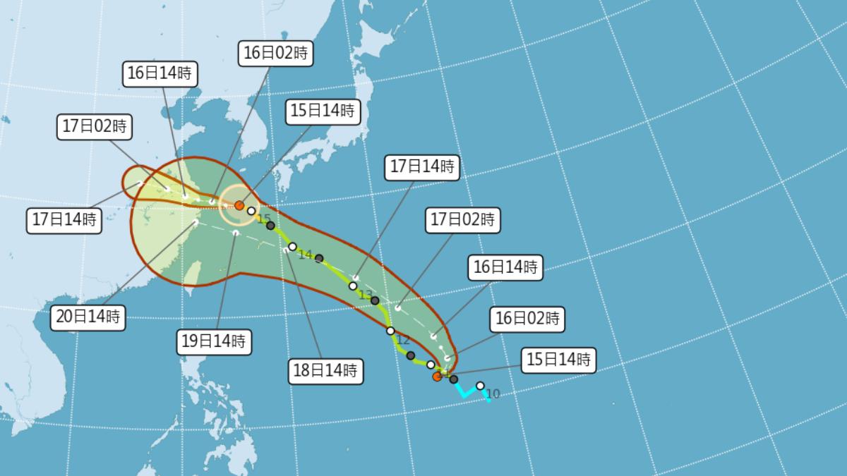 熱低壓TD16生成，氣象署估明上半天將增強成「葡萄桑」。（圖／翻攝中央氣象署）