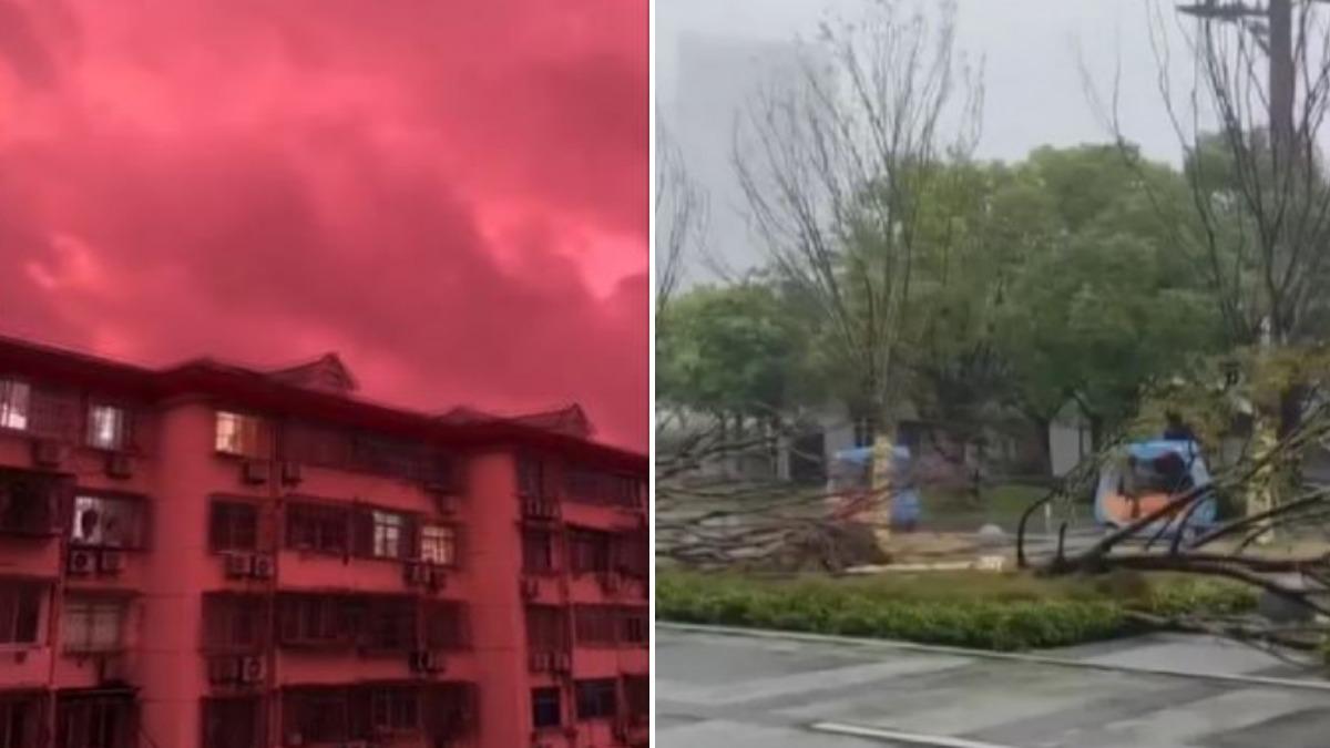 貝碧佳颱風登陸釀災情！上海驚見紫紅色天空。（圖／擷取自微博）