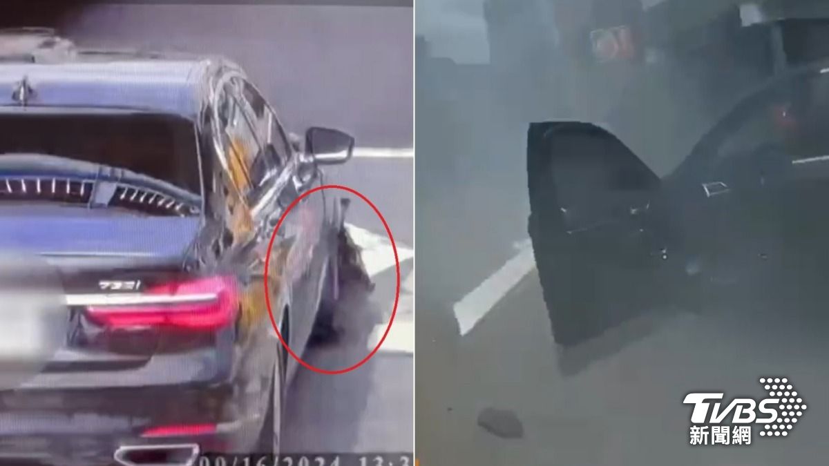 BMW轎車肇事逃逸還開到爆胎，車底不斷地竄出白煙。（圖／TVBS）