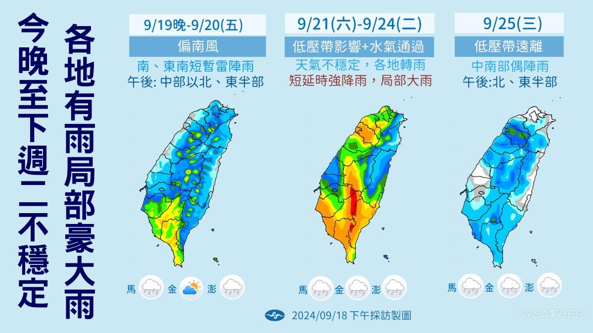 今晚至下週二全台有雨。（圖／TVBS）