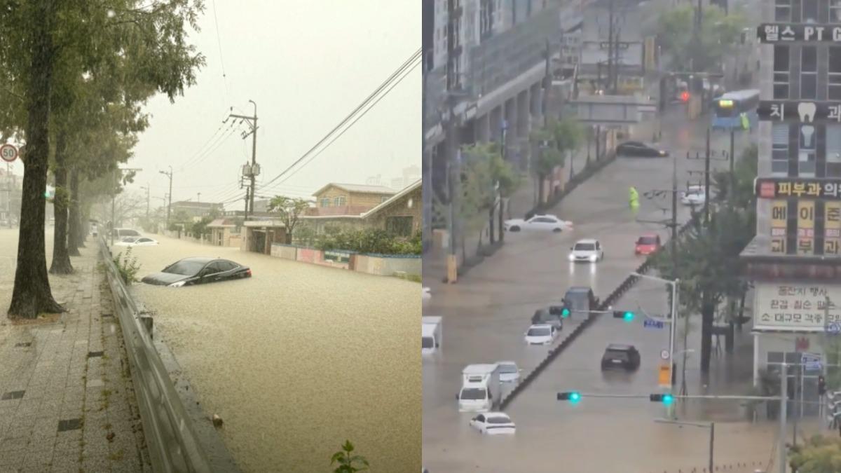 颱風夾帶水氣接近，南韓多地下起暴雨。（圖／翻攝自Ｘ＠@kjmforest、＠kmfresh19）