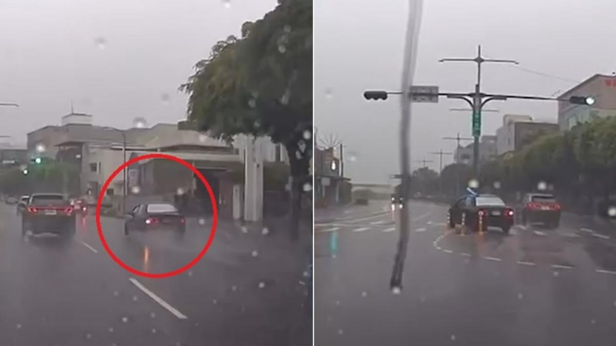 黑色小轎車鬼切車道後自撞分隔島，過程全被後方車輛直擊。（圖／翻攝Facebook）