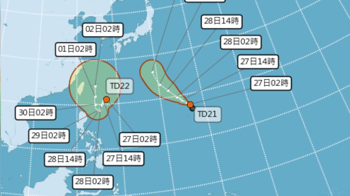 太平洋洋面十分熱鬧，現有兩個熱帶低壓，預估TD22將會對臺灣天氣造成影響。（圖／氣象署）