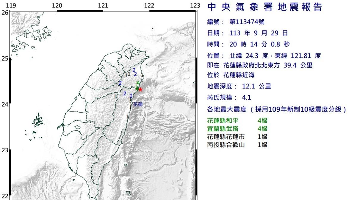 今晚8：14分花蓮發生規模4.1有感地震。（圖／翻攝自中央氣象署）