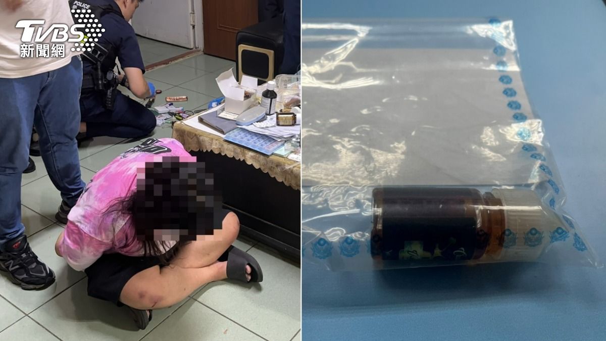 陳女被逮捕,現場查獲整瓶「喪屍煙油」。(圖/TVBS)