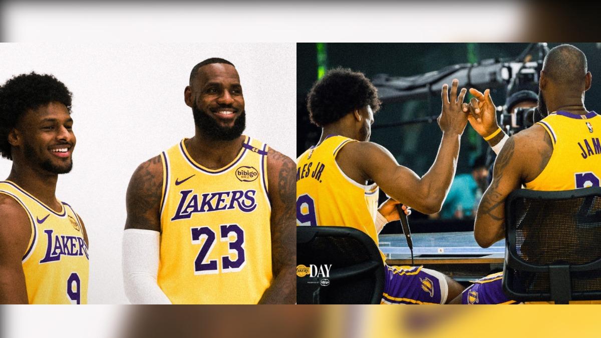 詹姆斯父子首以「隊友身分」同框。（圖／翻攝自 X@Lakers）