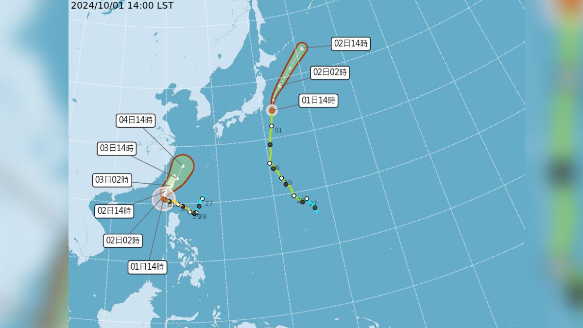 颱風山陀兒(左)目前位置。(圖/中央氣象署)