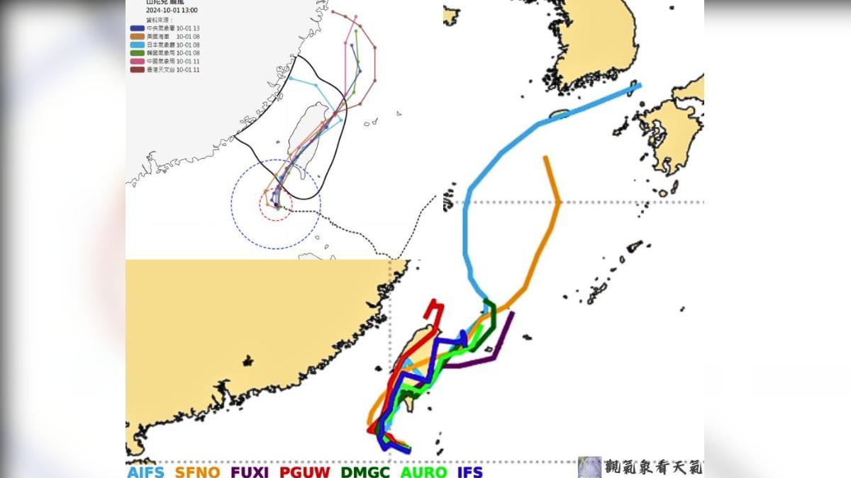 颱風山陀兒AI最新路徑。（圖／翻攝自臉書「觀氣象看天氣」）