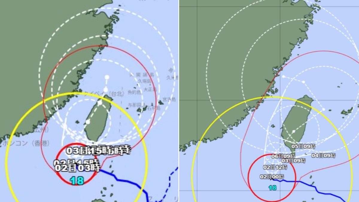 日本氣象廳對山陀兒的最新路徑預測（左）與先前的預測（右）有明顯不同。（圖／翻攝自日本氣象廳）