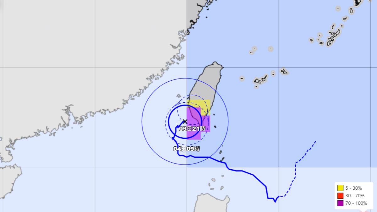 日本氣象廳山陀兒颱風最新路徑，與可能進入暴風圈的機率。（圖／翻攝自日本氣象廳）