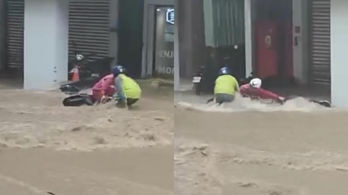 基隆2騎士險遭水流沖走。（圖／翻攝自臉書）