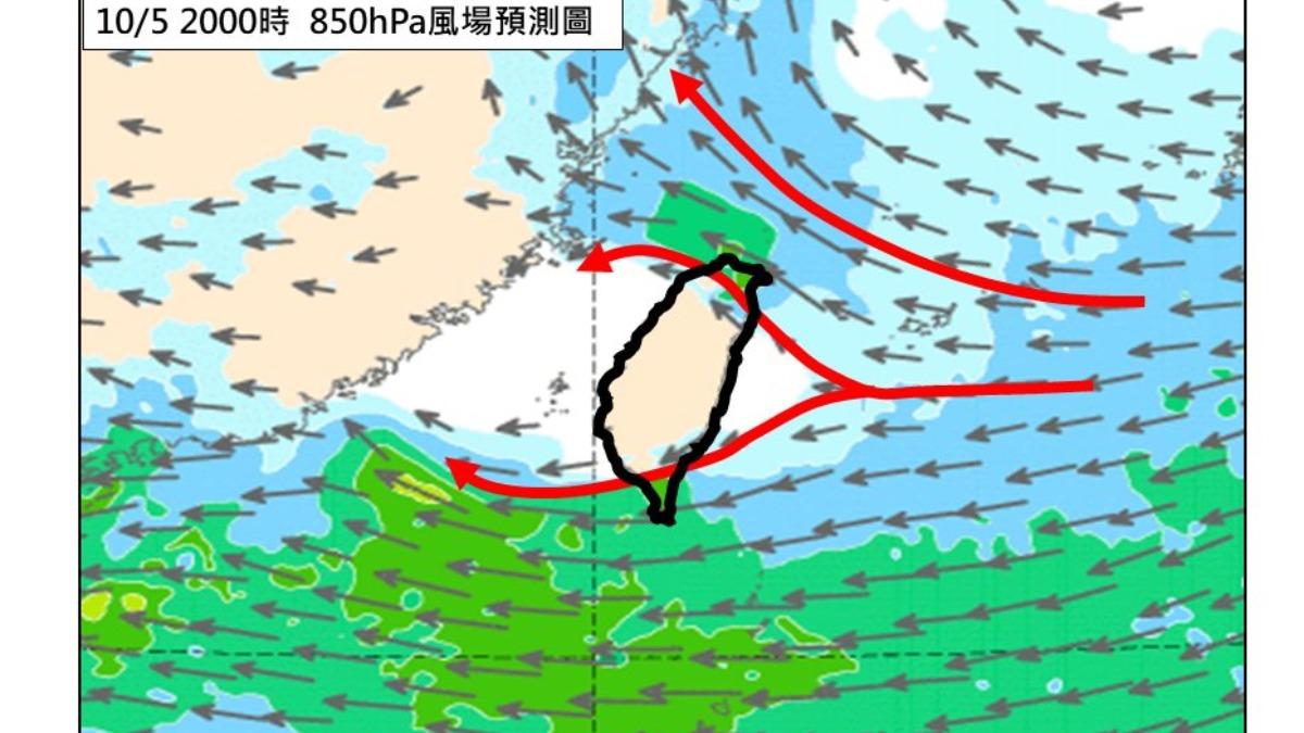 今日環境轉為偏東風，迎風面的東半部地區仍有局部短暫陣雨。（圖／翻攝臉書　林老師氣象站）