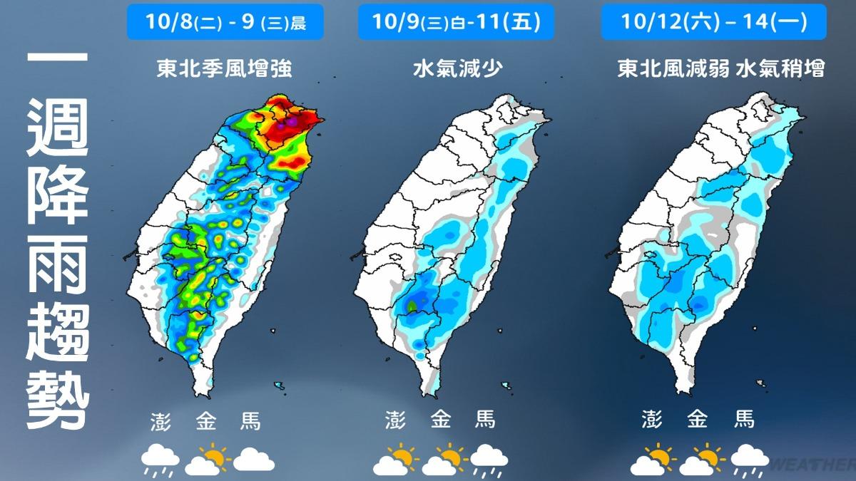 本週水氣偏多，北部、東北部降雨機率高。（圖／TVBS）