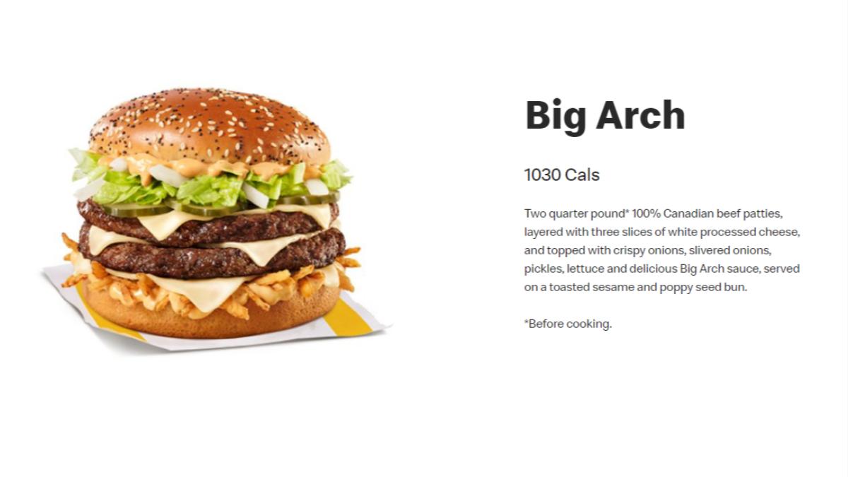 除了雞肉大麥克，麥當勞也在加拿大測試新漢堡「大拱門」，一款熱量爆表的雙層漢堡。（圖／翻攝自麥當勞官網）