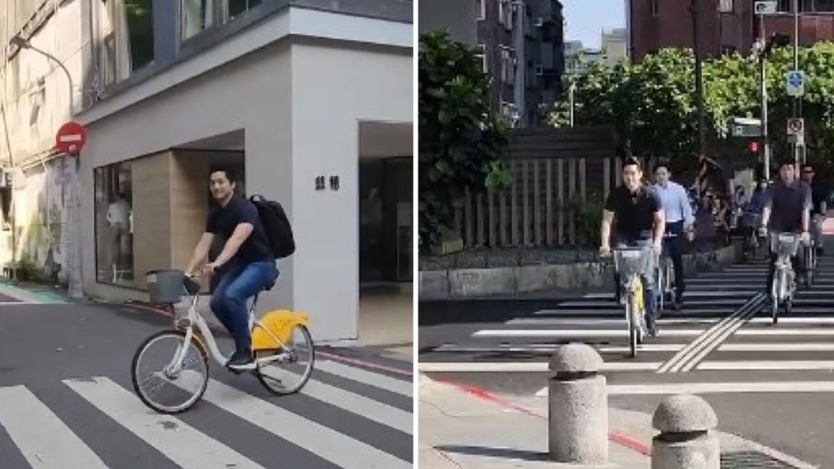 蔣萬安騎YouBike騎在行穿線上，市府認已違規。（翻攝蔣萬安IG）