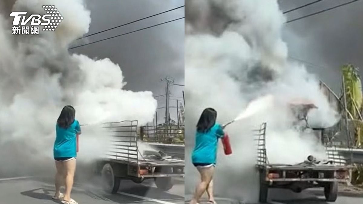 高雄大寮地區發生火燒車，一名女子路見不平立即上前幫助滅火。（圖／Que Sti On授權提供）